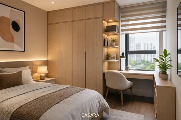 Góc bàn làm việc cạnh cửa sổ trong phòng 15m2 với tủ gỗ, giường và ánh sáng tự nhiên