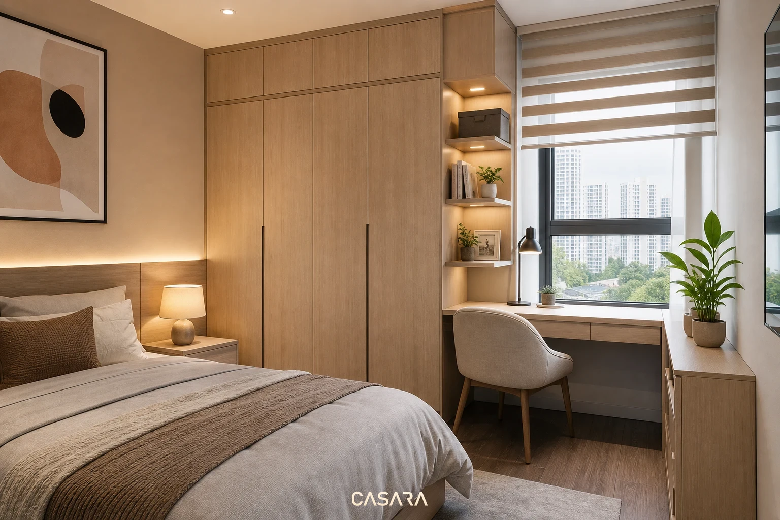 Góc bàn làm việc cạnh cửa sổ trong phòng 15m2 với tủ gỗ, giường và ánh sáng tự nhiên