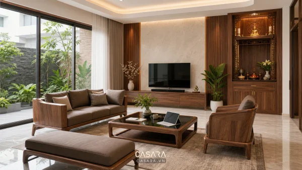Báo giá nội thất phòng khách với bộ sofa, bàn trà và kệ tivi hiện đại