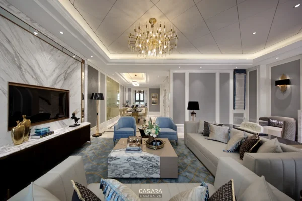 Phòng khách hiện đại có sofa sáng màu, bàn trà vân đá và đèn chùm trung tâm