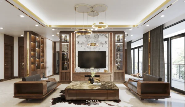 Phòng khách thông tầng với sofa sáng màu, mảng tường vân đá và các chi tiết ốp gỗ
