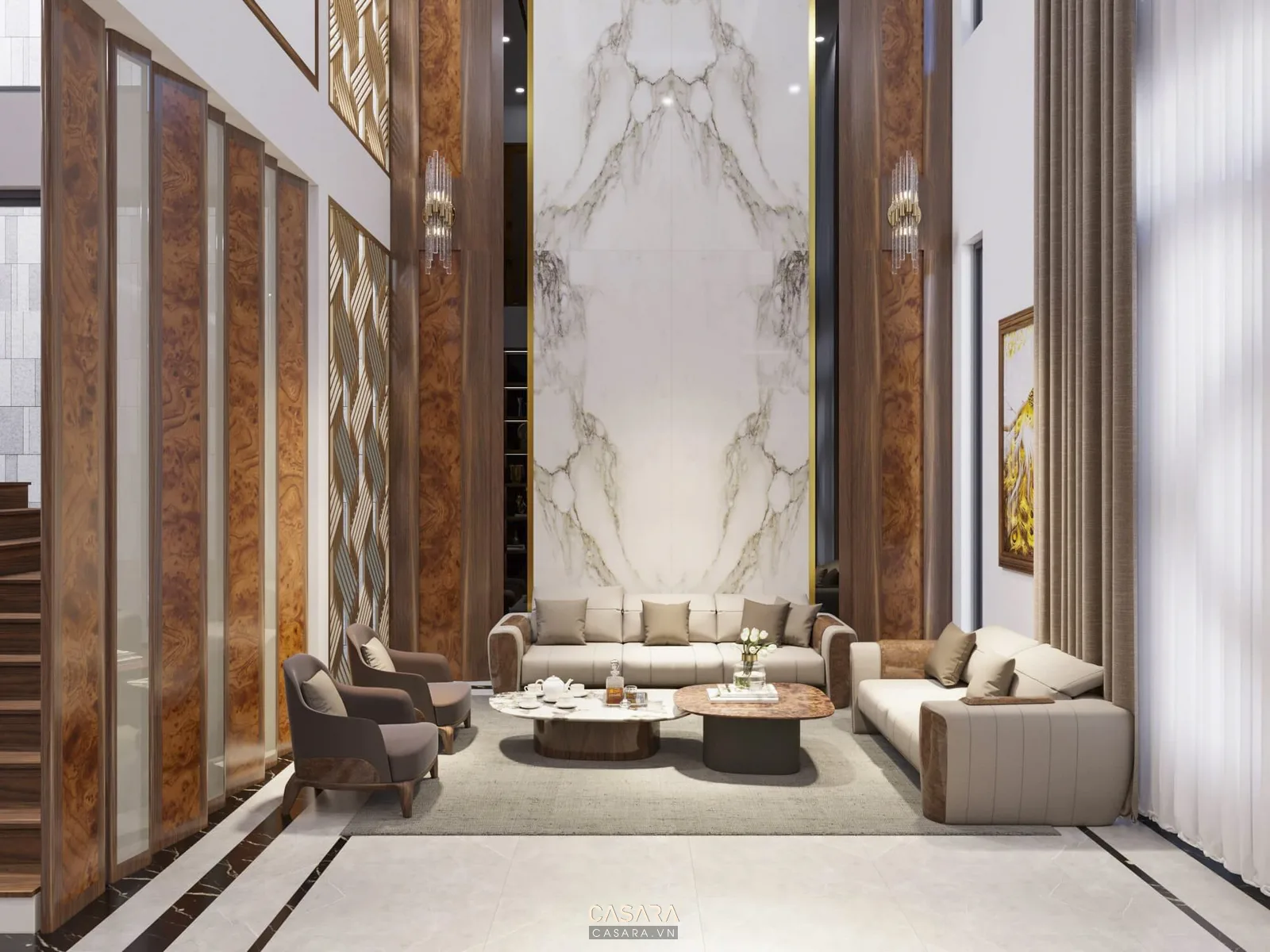 thiết kế nội thất nhà biệt thự phòng sinh hoạt chung với sofa kệ sách và tivi lớn