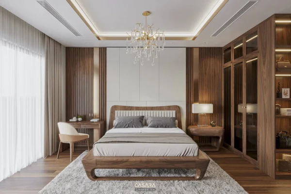 Phòng ngủ hiện đại với giường gỗ, vách ốp nan và hệ tủ kính bên cạnh