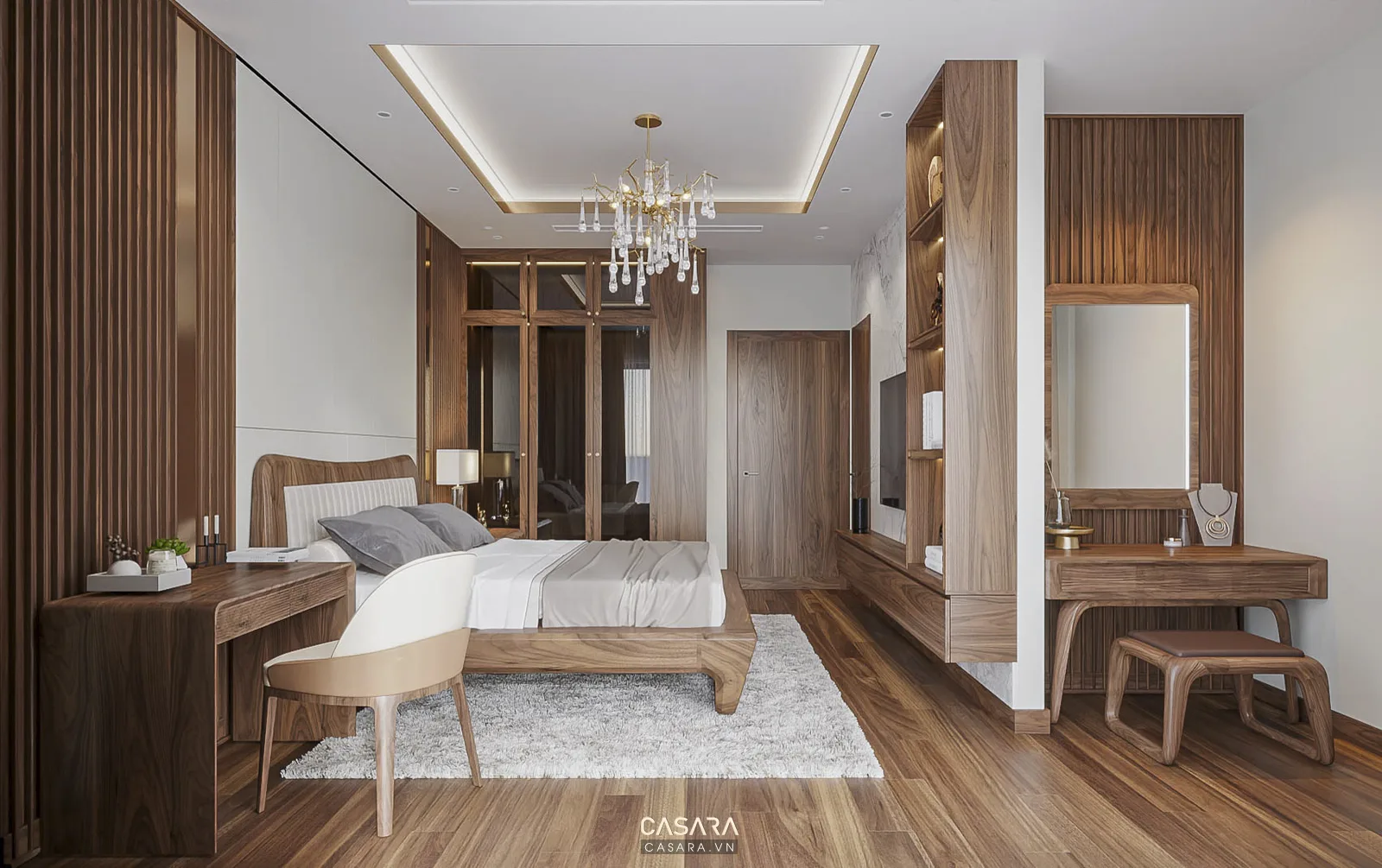 Phòng ngủ hiện đại ốp gỗ, giường thấp, tủ kính và bàn trang điểm