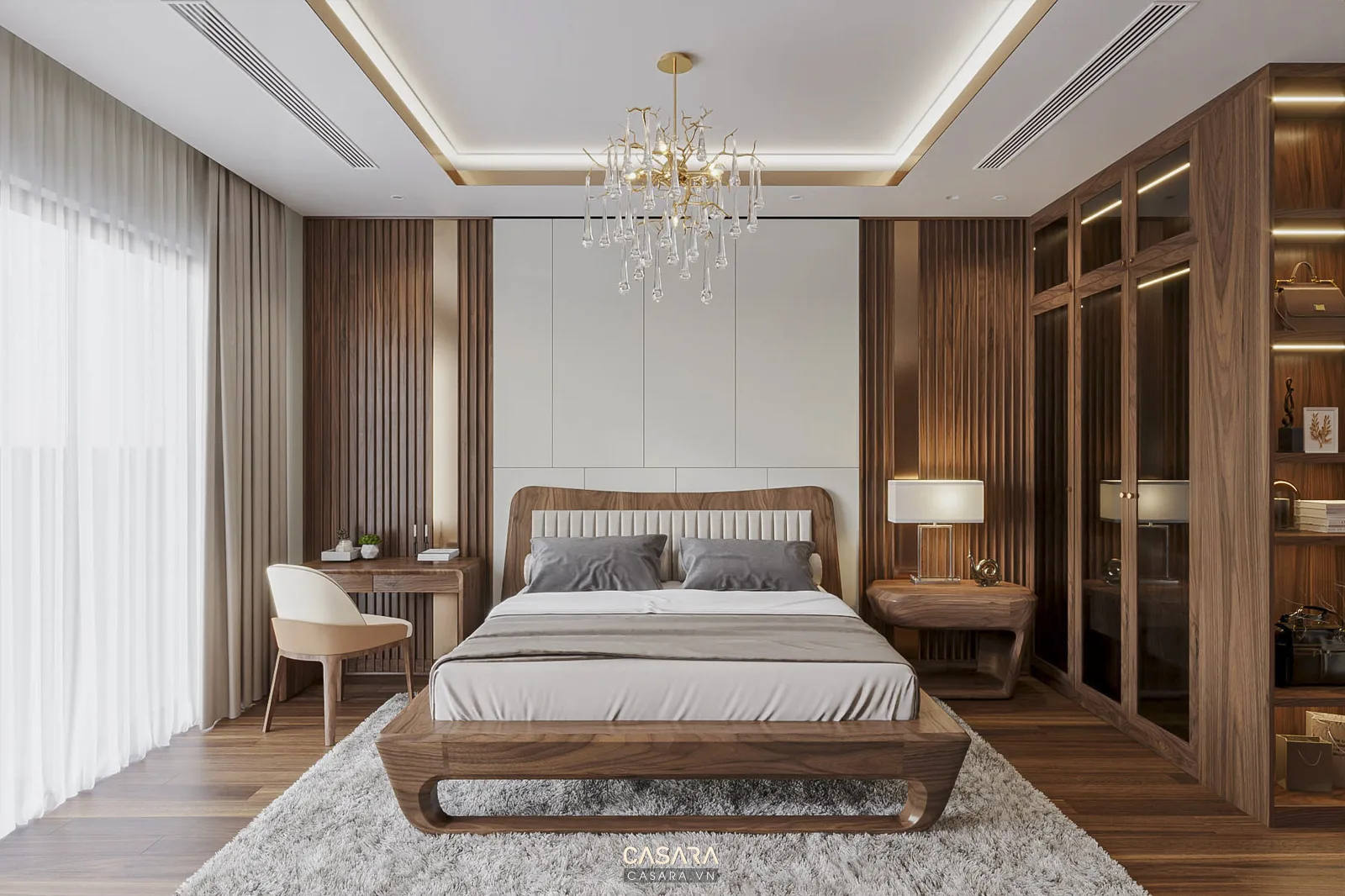 Phòng ngủ hiện đại với giường gỗ, vách ốp nan và hệ tủ kính bên cạnh