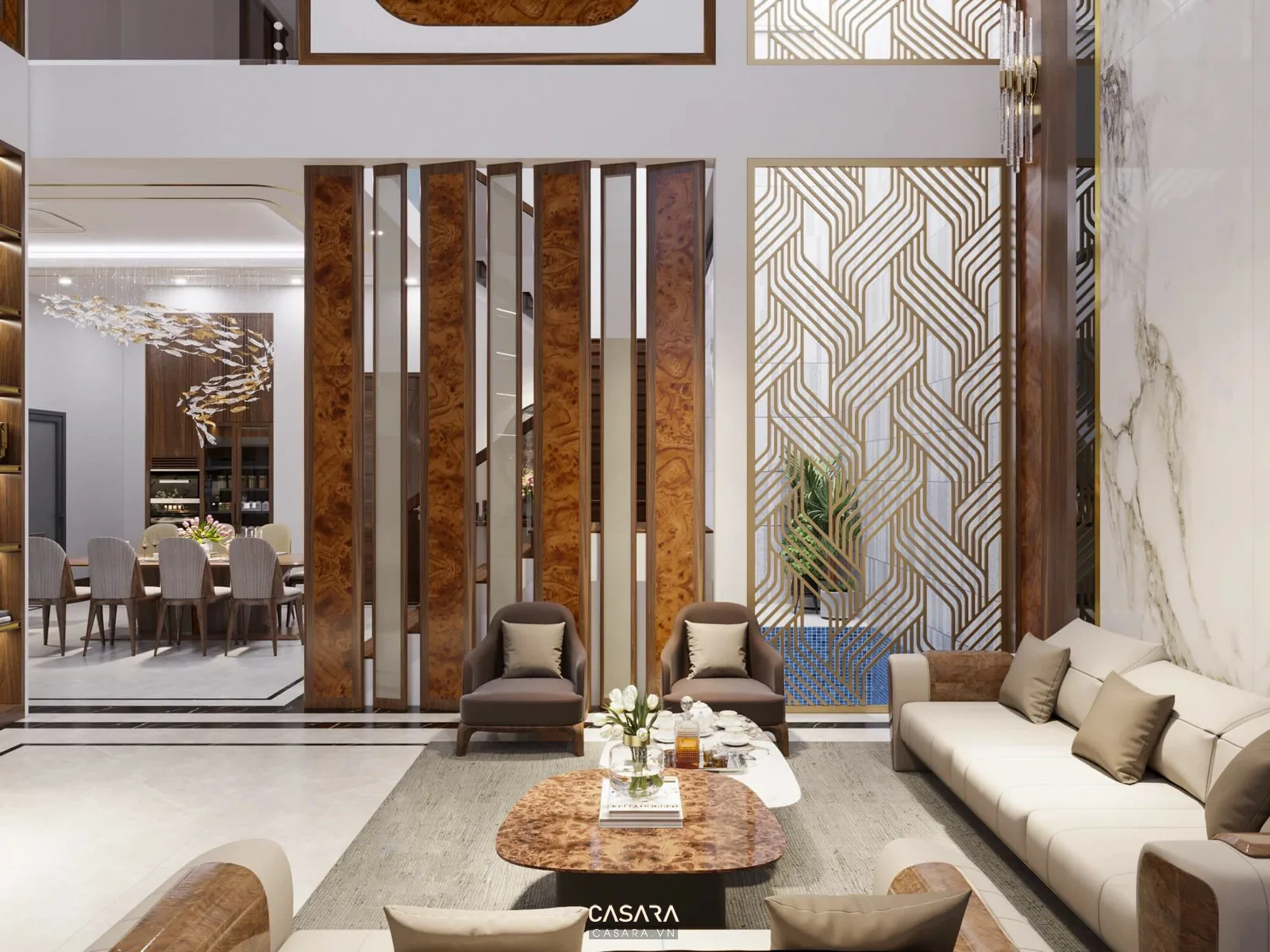 Phòng khách thông tầng có sofa sáng màu, vách gỗ dọc và mảng trang trí họa tiết hình học