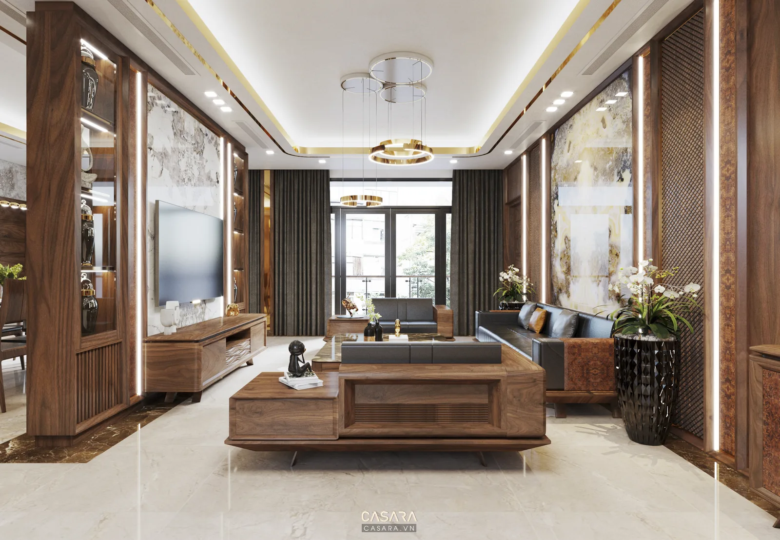 Phòng khách hiện đại với nội thất gỗ, sofa da, bàn trà lớn và mảng tường trang trí sáng màu