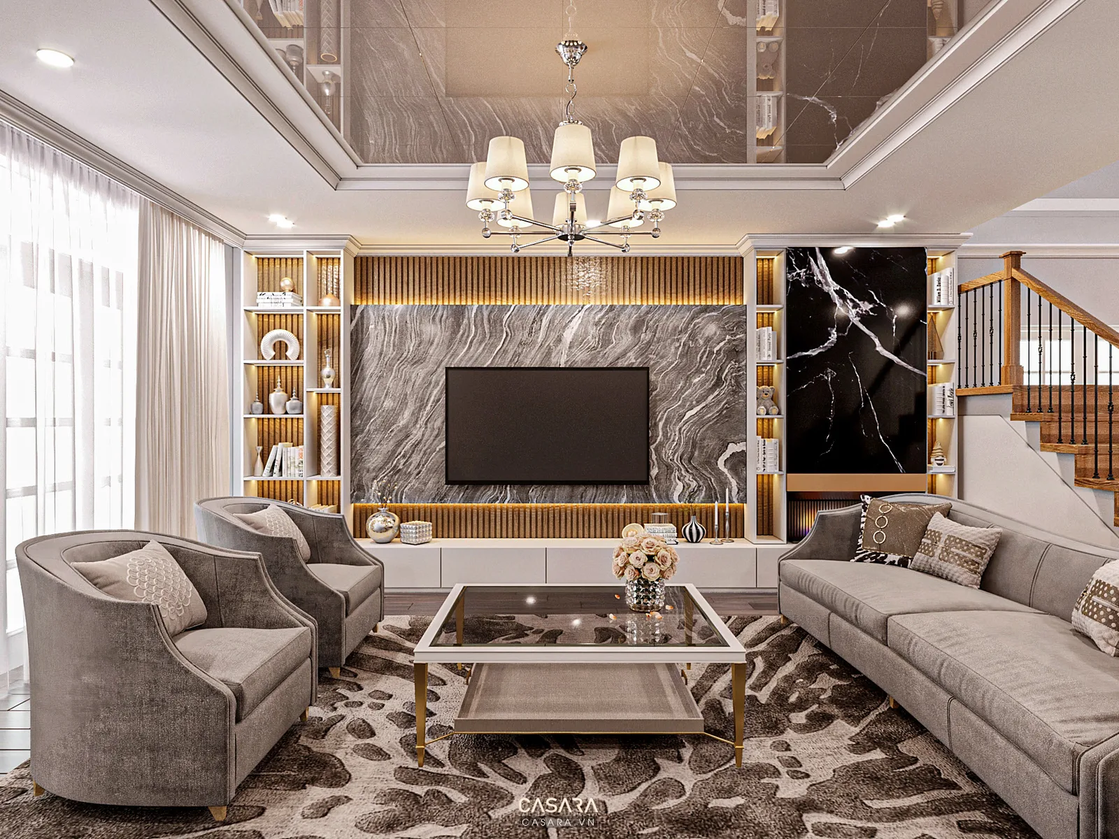Phòng khách hiện đại với sofa xám, vách TV vân đá, kệ trang trí hai bên và đèn chùm trung tâm