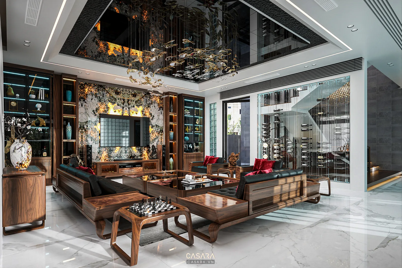 Phòng khách rộng với sofa gỗ, tủ trưng bày, đèn chùm và trần phản chiếu