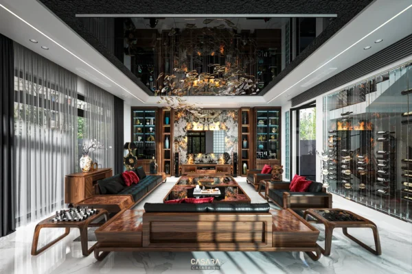 Phòng khách rộng với bộ sofa gỗ, trần cao và tủ trưng bày hai bên kệ TV