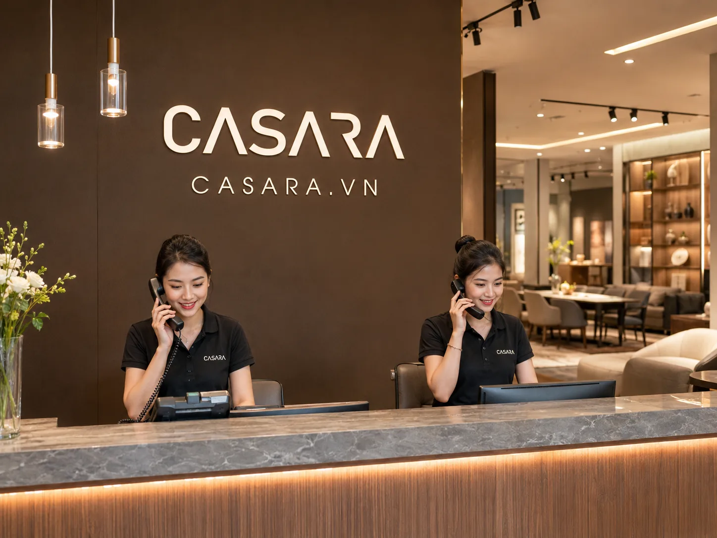 Showroom nội thất với sofa, kệ trưng bày và đèn rọi ray được thiết kế thi công chuyên nghiệp