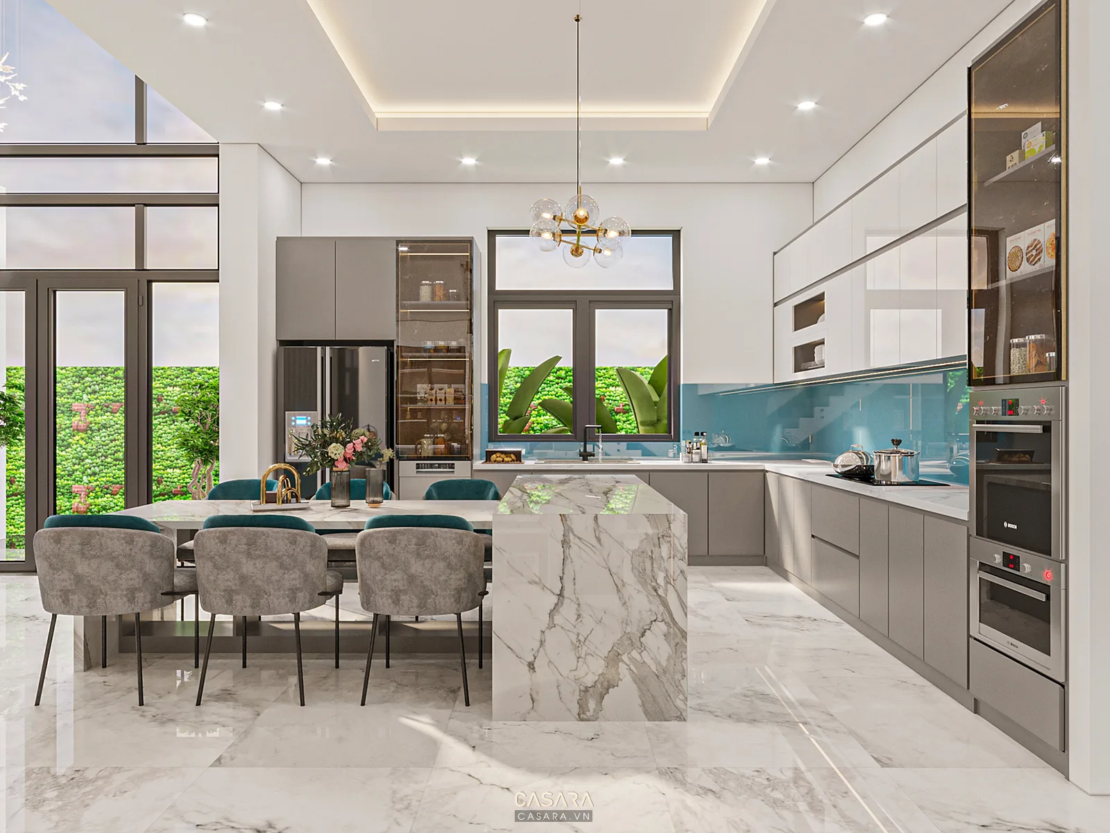 Phòng bếp hiện đại có đảo bếp vân đá, tủ bếp sáng màu và bàn ăn liền kề