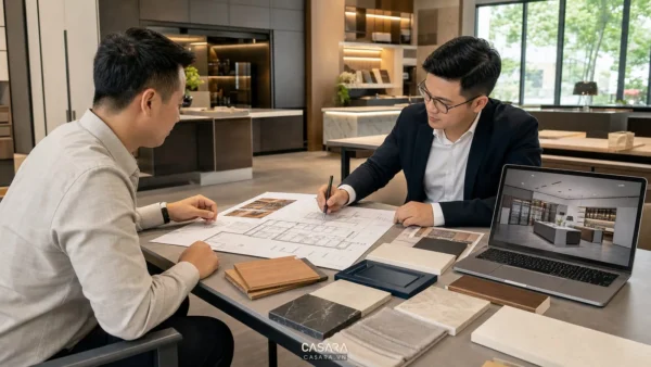 tư vấn bản thiết kế showroom bếp với kiến trúc sư chủ đầu tư bản vẽ phối cảnh 3D và mẫu vật liệu