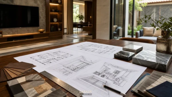 Bản vẽ thi công biệt thự cùng phối cảnh nội thất mẫu gỗ mẫu đá và bảng màu