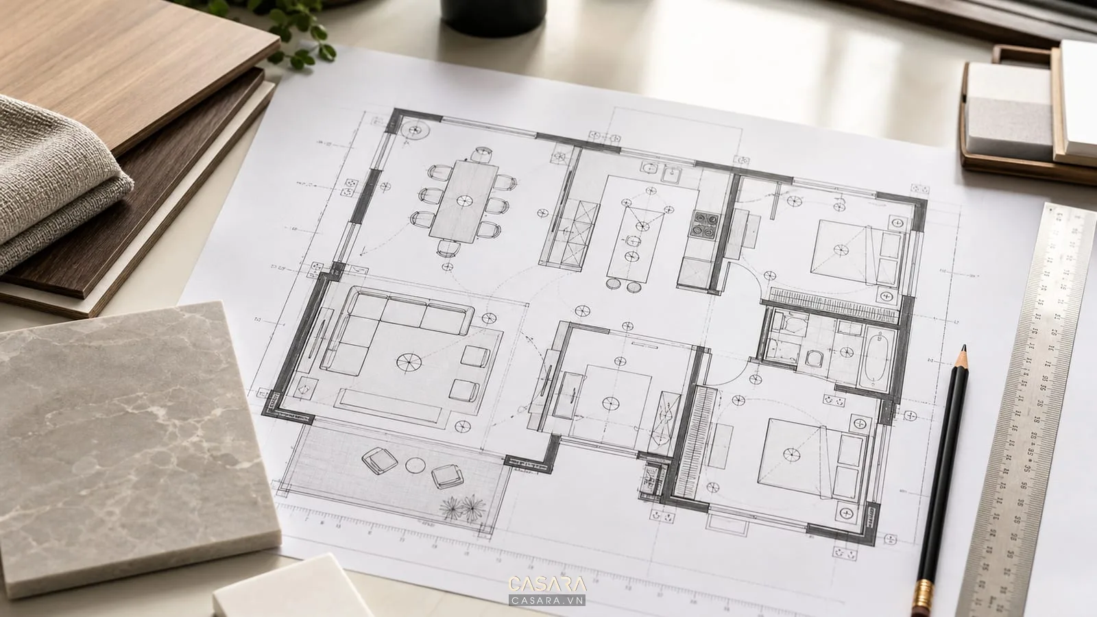 Bản vẽ mặt bằng nội thất biệt thự có ký hiệu đèn trần ổ cắm và đồ nội thất