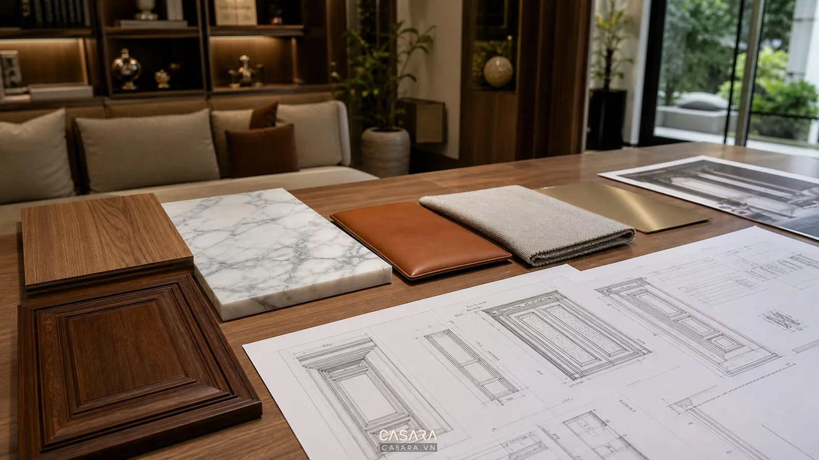 Mẫu vật liệu thi công biệt thự gồm gỗ đá da vải kim loại và bản vẽ đồ gỗ
