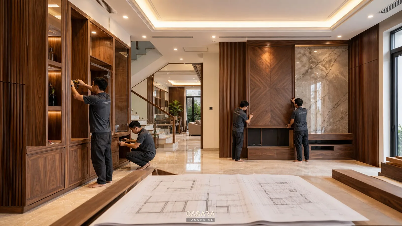 Thi công biệt thự với đội thợ lắp tủ gỗ vách trang trí đèn âm trần và bản vẽ