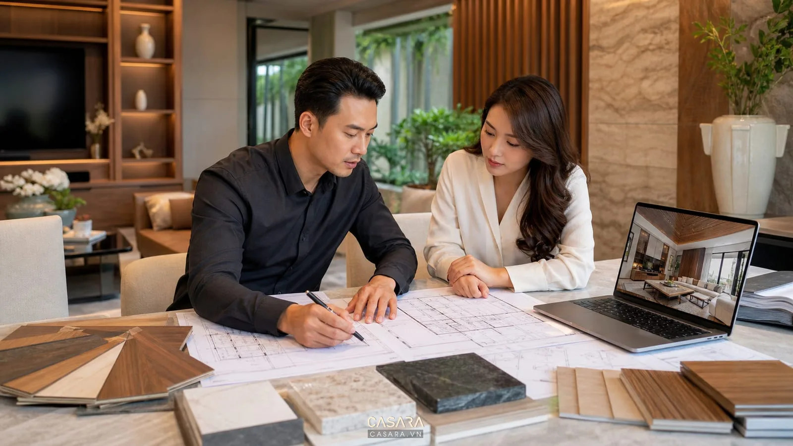 Tư vấn bản vẽ thi công biệt thự với kiến trúc sư gia chủ phối cảnh và mẫu vật liệu