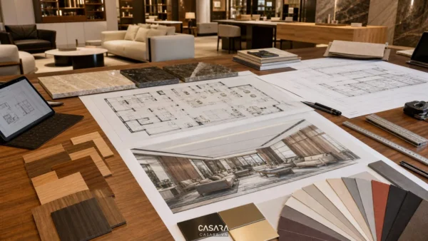 bản vẽ thiết kế showroom với mặt bằng phối cảnh 3D mẫu vật liệu gỗ đá và bảng màu nội thất