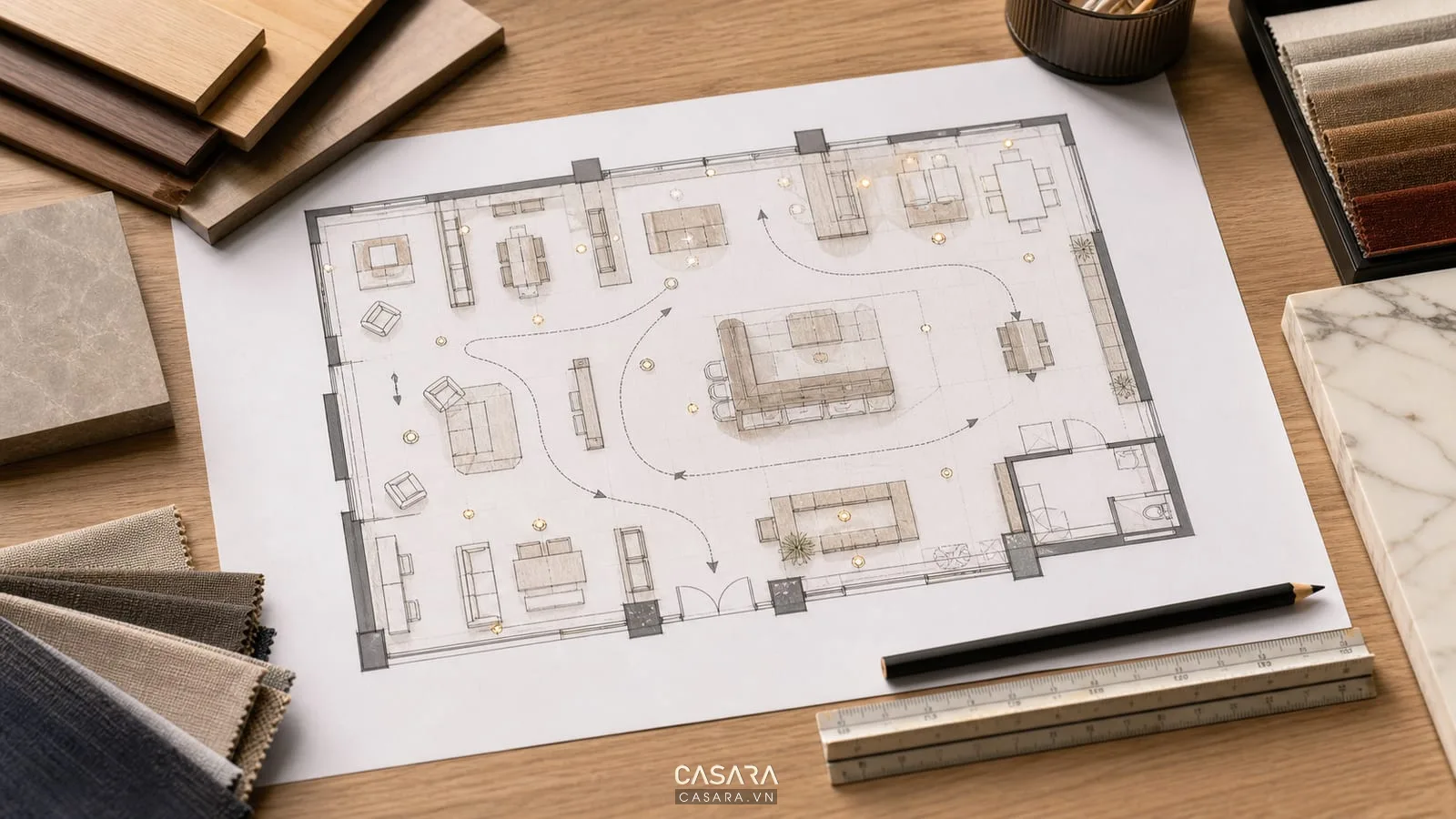 bản vẽ mặt bằng showroom nội thất có tuyến di chuyển khu trưng bày quầy tư vấn kho phụ và ký hiệu ánh sáng