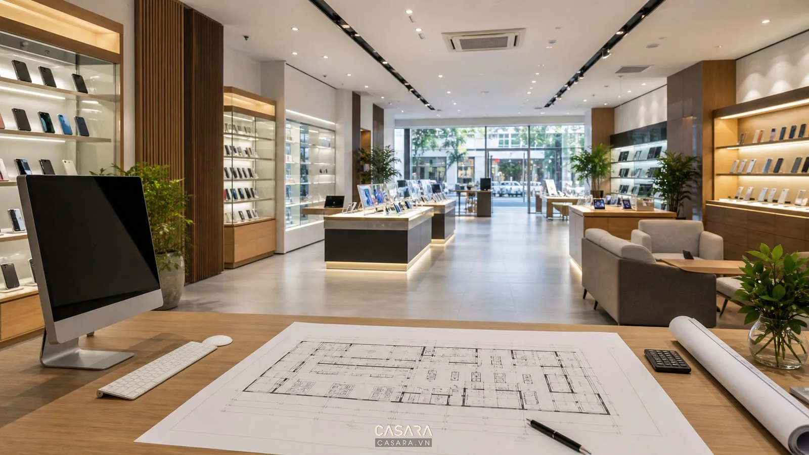 thiết kế showroom điện thoại có quầy trưng bày điện thoại tủ kính ánh sáng trắng khu trải nghiệm và bản vẽ mặt bằng