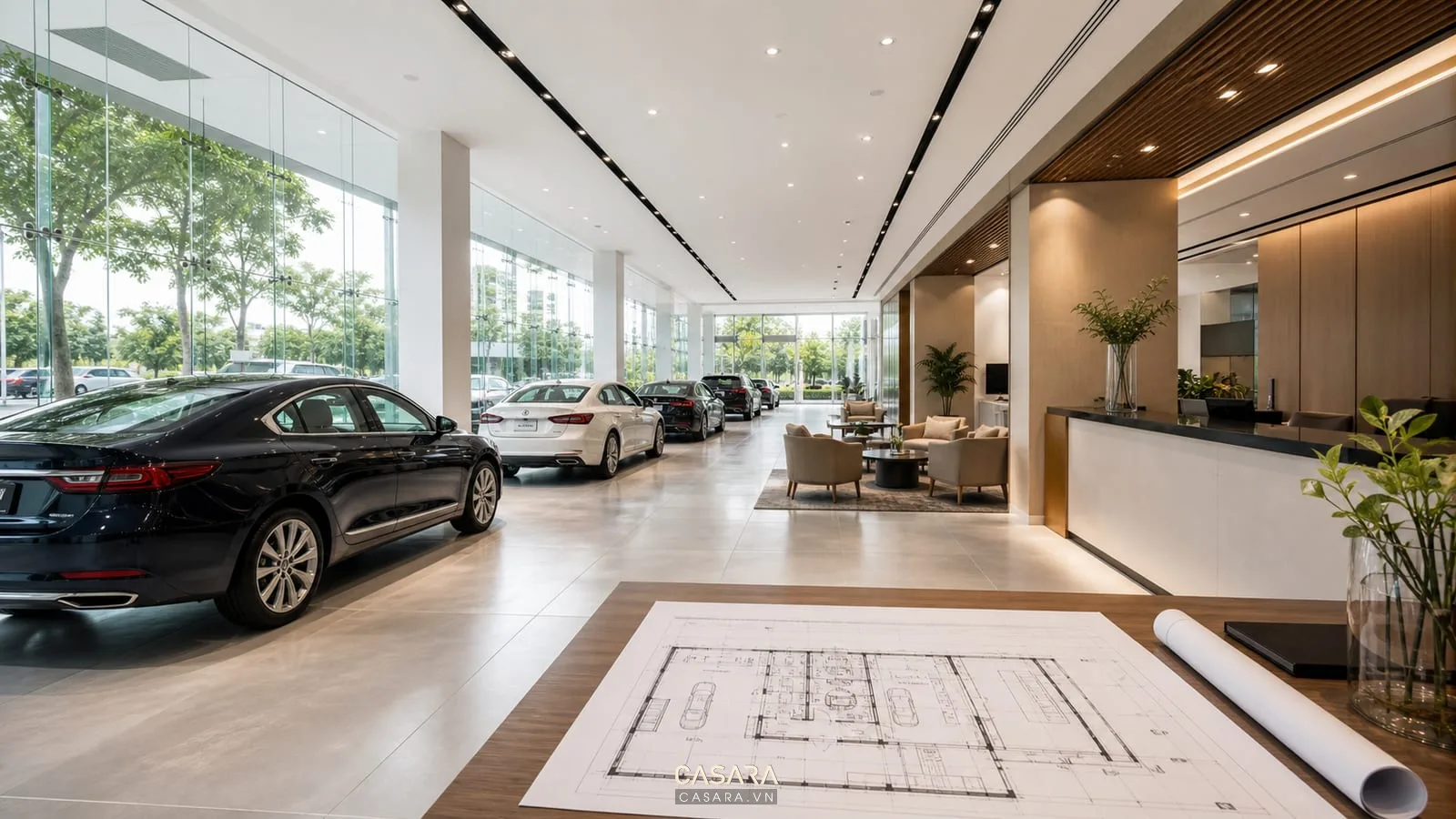 thiết kế showroom ô tô với xe trưng bày mặt kính lớn khu tiếp khách quầy tư vấn ánh sáng trần và bản vẽ mặt bằng