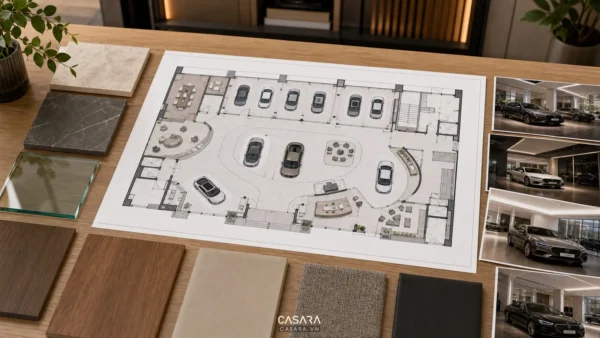 Bản vẽ thiết kế showroom ô tô với mặt bằng trưng bày xe và mẫu vật liệu