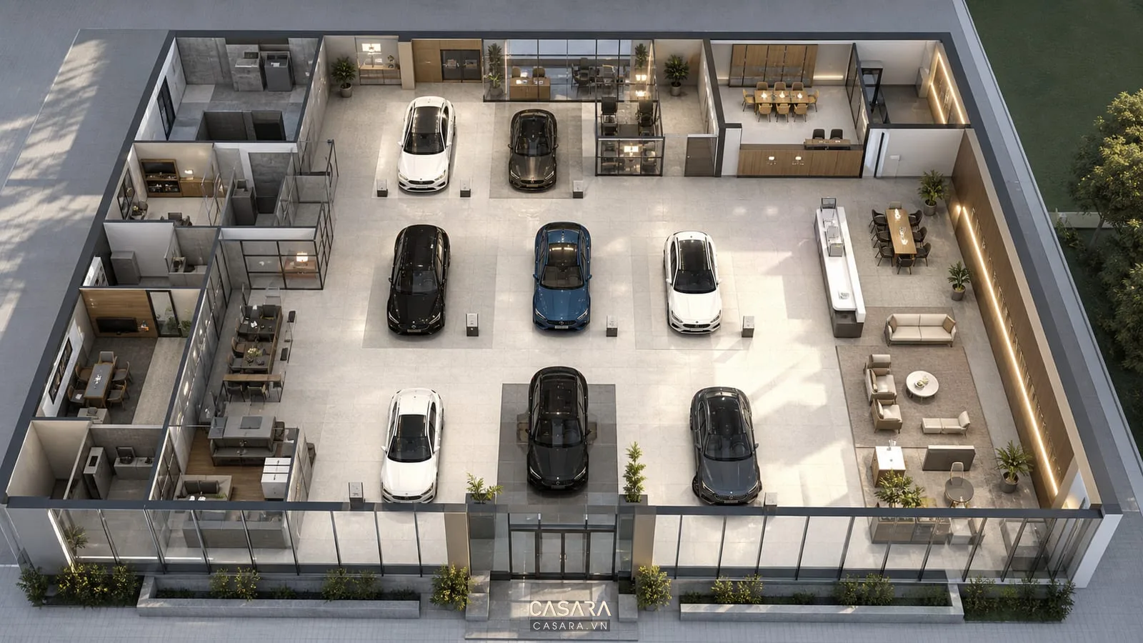 Mặt bằng showroom ô tô với xe trưng bày, lối đi và bàn tư vấn