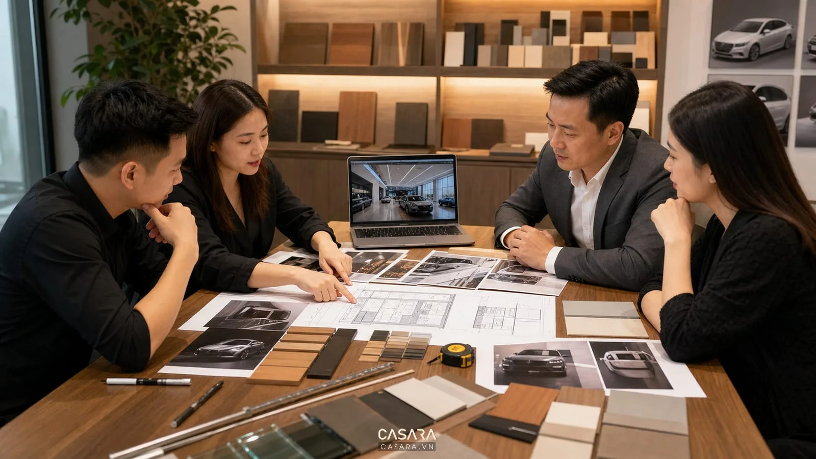 Tư vấn bản vẽ thiết kế showroom ô tô với phối cảnh 3D và mẫu vật liệu
