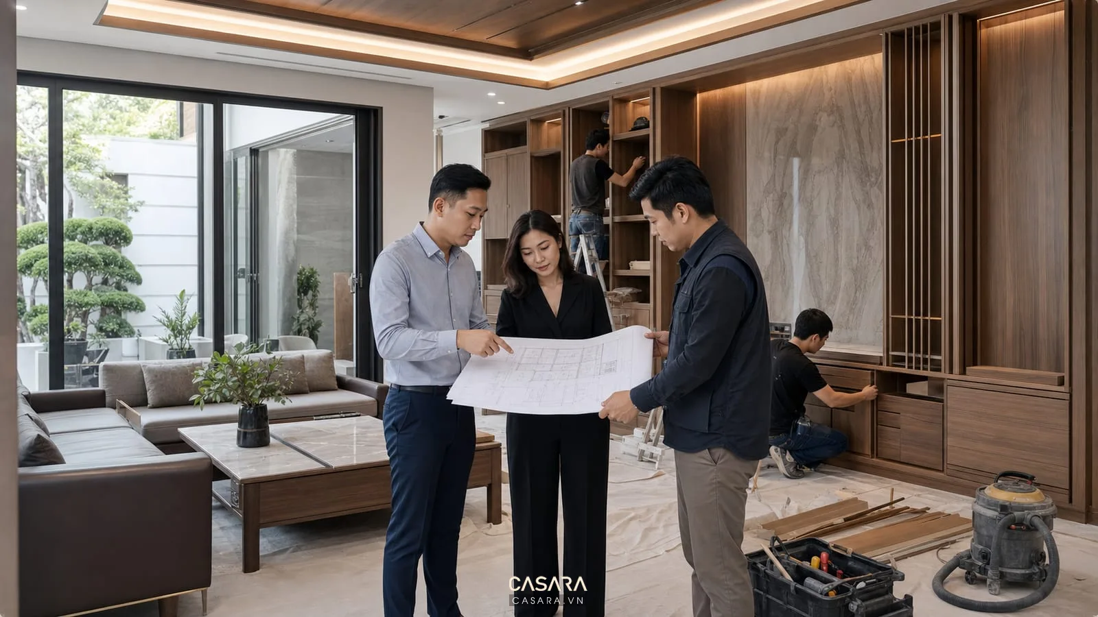 Kiểm tra bản vẽ thiết kế thi công nội thất biệt thự tại công trình phòng khách