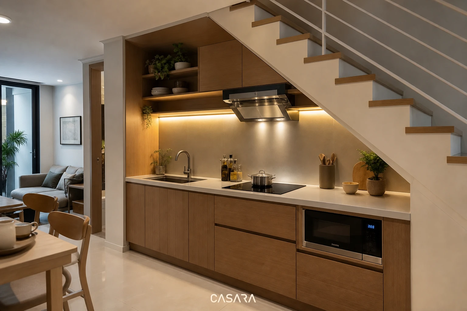 Bếp dưới cầu thang có máy hút mùi, đèn thao tác và thiết bị âm tủ gọn