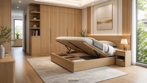 giường thông minh phòng ngủ hiện đại với hộc chứa và tủ áo đồng bộ