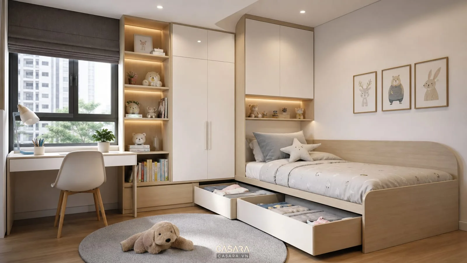 phòng ngủ trẻ em có giường thông minh ngăn kéo thấp tủ áo liền giường bàn học kệ sách và cạnh bo an toàn