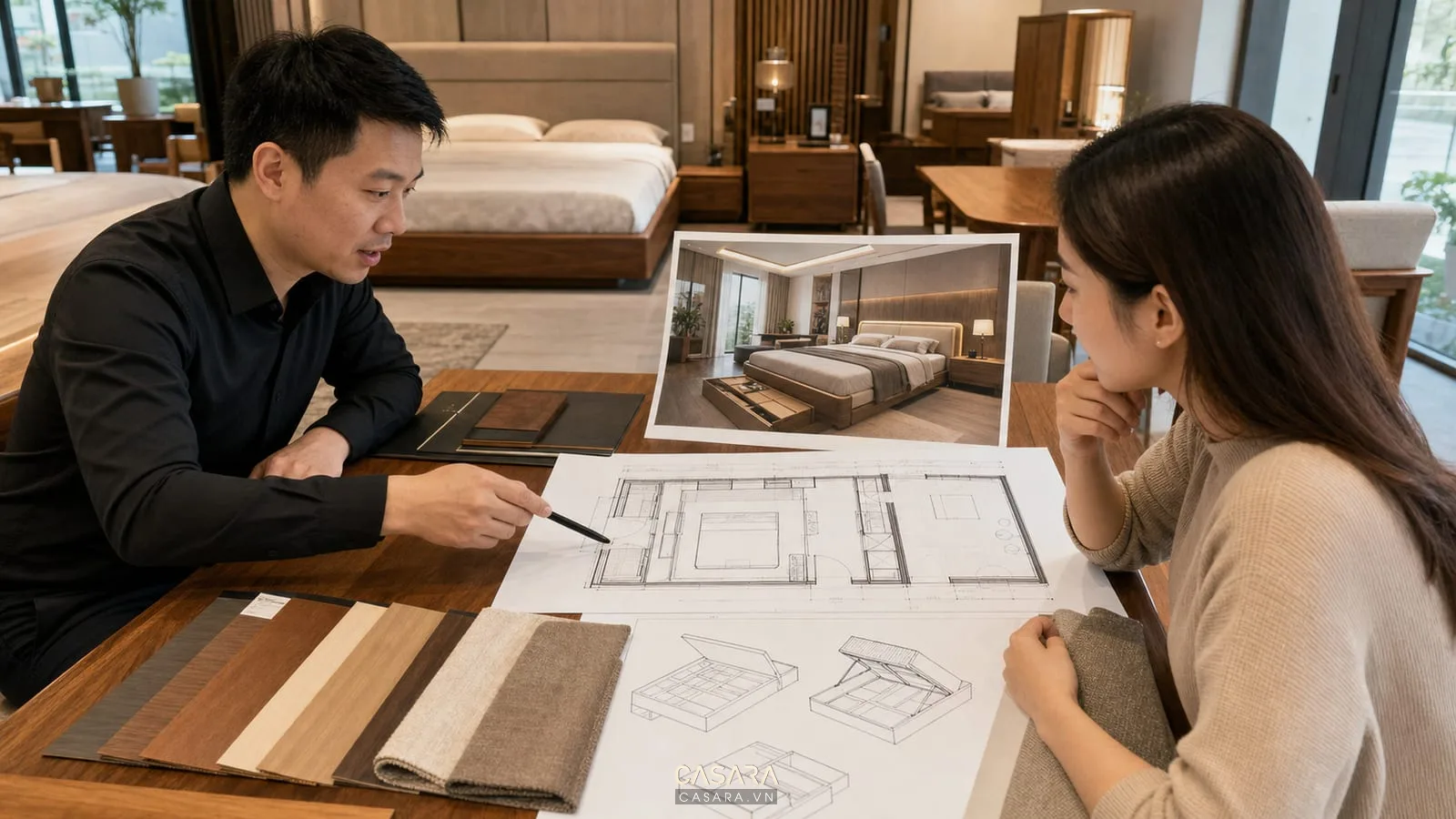 kiến trúc sư tư vấn mẫu giường thông minh đẹp với bản vẽ phòng ngủ phối cảnh 3D mẫu vật liệu và sơ đồ hộc kéo