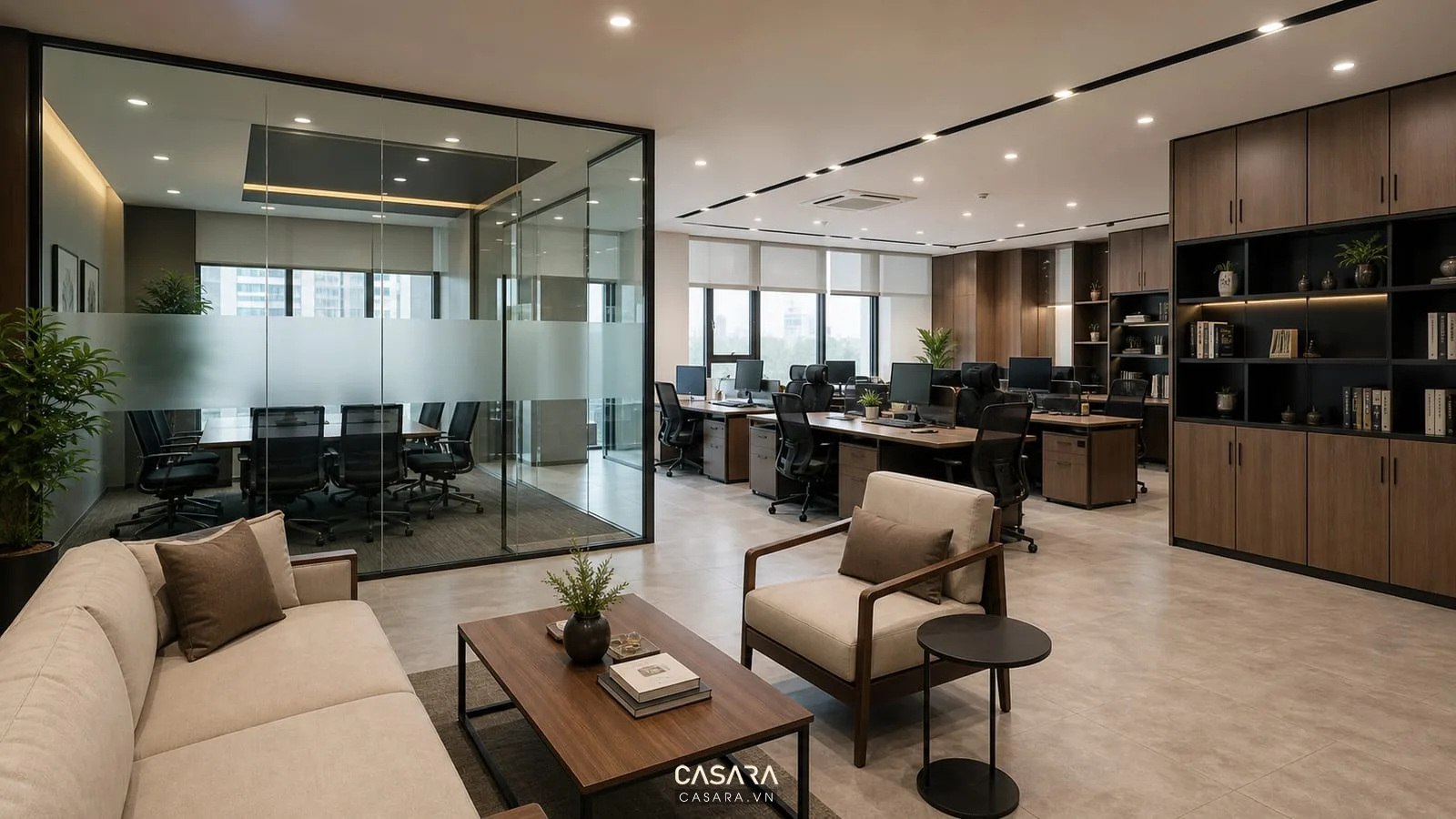 mẫu thiết kế văn phòng 100m2 có khu tiếp khách và phòng họp kính