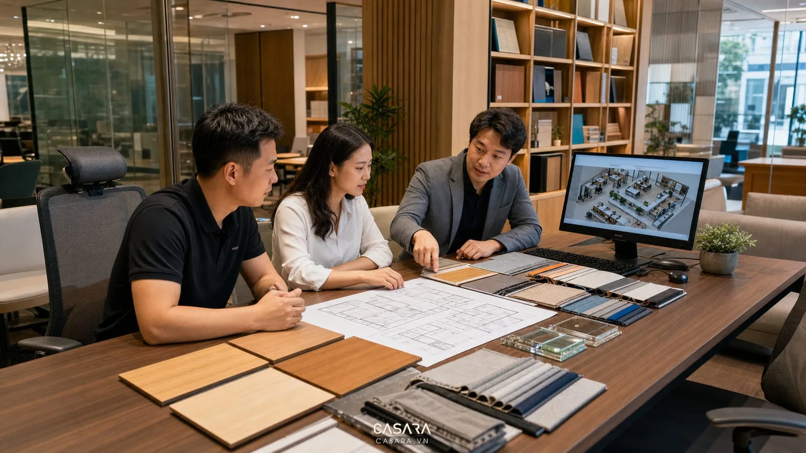 tư vấn thiết kế văn phòng làm việc với bản vẽ và mẫu vật liệu