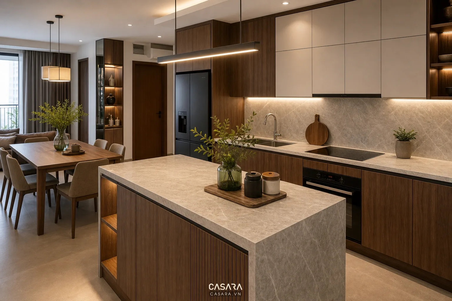 Bếp chung cư cao cấp có đảo bếp mặt đá tủ gỗ veneer và đèn thao tác