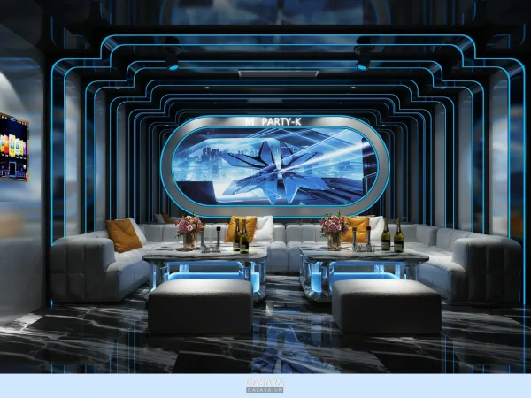 Góc sofa karaoke với vách vòm và đường LED màu cam
