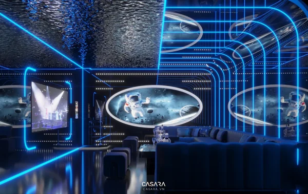 Ảnh phòng karaoke riêng tông đỏ nâu với bàn tròn và ghế đơn do Casara tuyển chọn cho thư viện thiết kế nội thất.