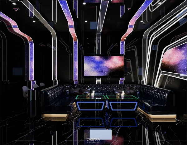 Ảnh sảnh lounge karaoke màu xám với quầy dài và đèn led uốn cong do Casara tuyển chọn cho thư viện thiết kế nội thất.