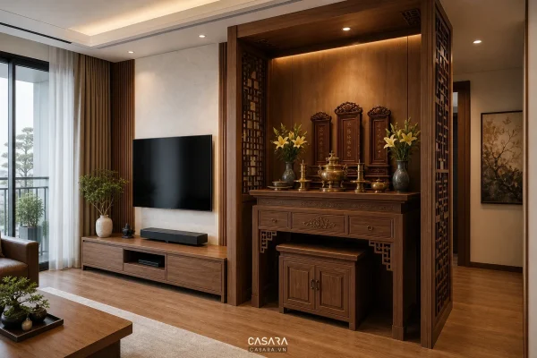 Khu bàn thờ gia tiên trong phòng khách chung cư có vách gỗ và lối đi rõ