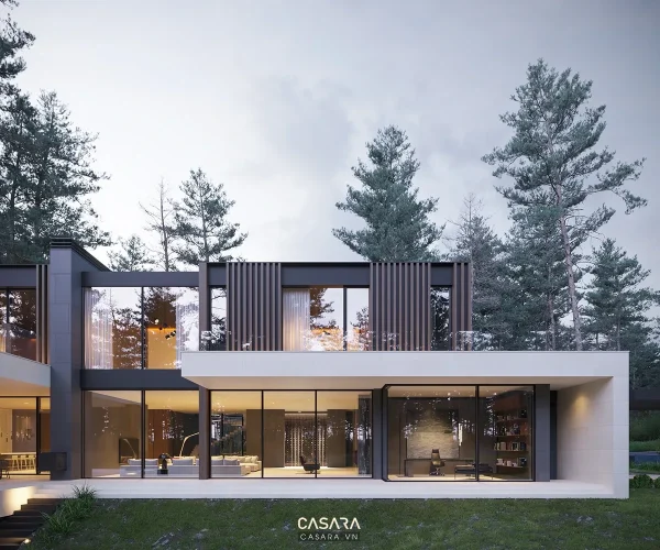 Ảnh biệt thự hai tầng sáng màu với cột trang trí và sân vườn do Casara tuyển chọn cho thư viện thiết kế nội thất.