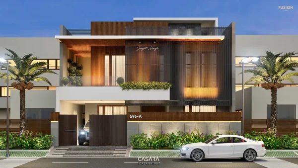 Ảnh biệt thự nghỉ dưỡng đối xứng với sân nước và núi phía sau do Casara tuyển chọn cho thư viện thiết kế nội thất.