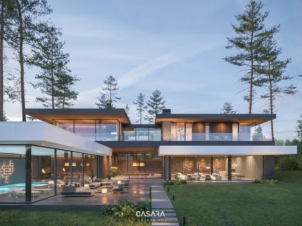 Ảnh biệt thự sân vườn chiếu sáng ấm vào buổi tối do Casara tuyển chọn cho thư viện thiết kế nội thất.