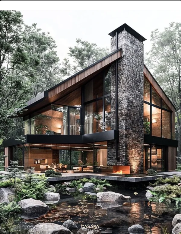 Ảnh góc biệt thự bên hồ bơi với hệ cột và cửa kính cao do Casara tuyển chọn cho thư viện thiết kế nội thất.