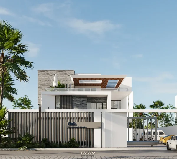 Ảnh khối chung cư hiện đại với ban công bo cong màu trắng đen do Casara tuyển chọn cho thư viện thiết kế nội thất.