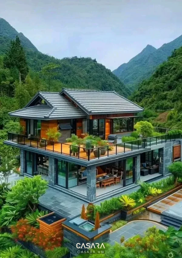 Ảnh villa nghỉ dưỡng có hồ bơi vô cực nhìn ra núi do Casara tuyển chọn cho thư viện thiết kế nội thất.