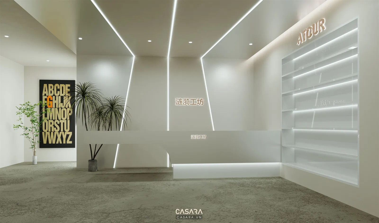 Ảnh quầy lễ tân đá vân mây với đèn thả thanh mảnh do Casara tuyển chọn cho thư viện thiết kế nội thất.