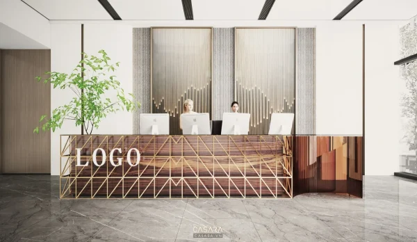 Ảnh quầy lễ tân gỗ sáng trong sảnh tối giản nền bê tông do Casara tuyển chọn cho thư viện thiết kế nội thất.