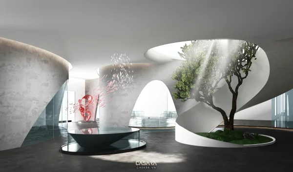 Ảnh quầy lễ tân trắng tinh giản với mảng đá trang trí do Casara tuyển chọn cho thư viện thiết kế nội thất.